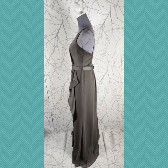 Vera Wang WHITE Gray Taupe Pleated Ruffle Side Slit Bridesmaid Dress - Picture 3 of 5